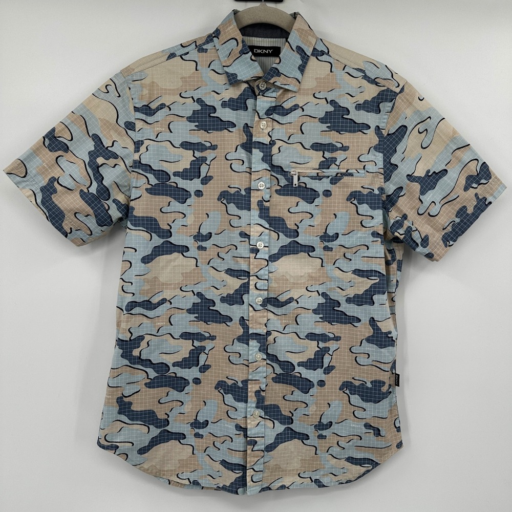 DKNY Mens Blue Tan Camo‎ Grid Short Sleeve Button Down Shirt Small Urban Street